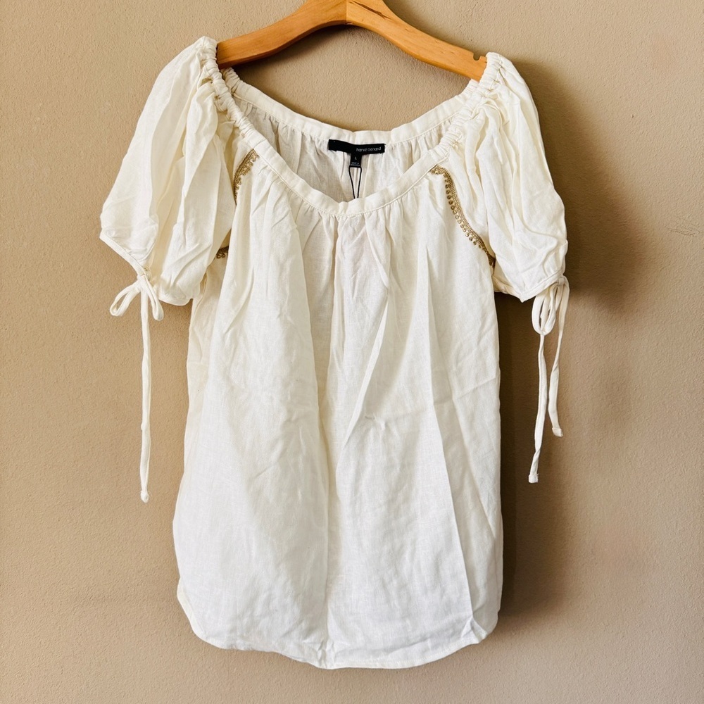 NWT Harve Bernard Linen Blend Off The Shoulder Boho Gold Embroidered Top Size L